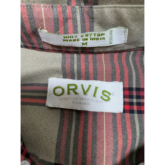 Orvis Button Up Shirt Men’s Medium Plaid Long Sleeve Classic Red/Tan Outdoor - Picture 2 of 5